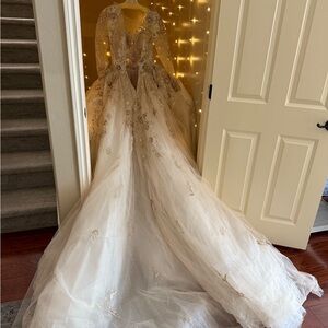Long-Sleeve Ivory Ball Gown Dress with Gold Embellishment